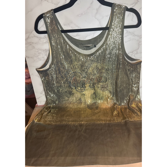 Women's ORIGAMI Olive Green Gold Sequin Tank Top Size L - Picture 3 of 3